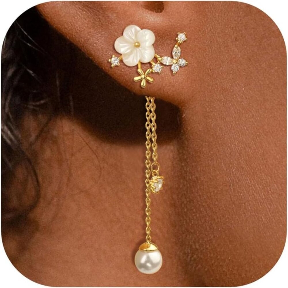 Pearl Drop Earrings Women Dangle Chain CZ Gold Statement Jewelry